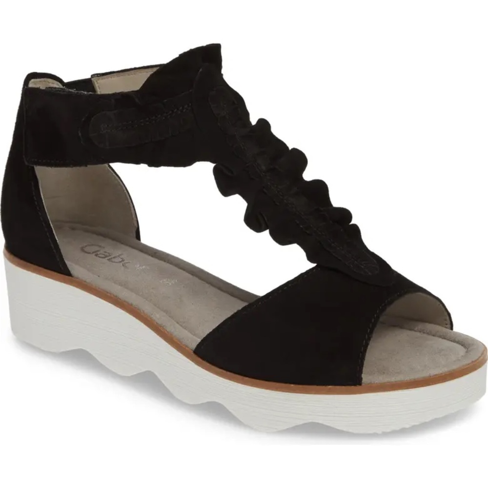 Gabor Samtchevreau Black T-Strap Wedge Flat Sandal - Picture 1 of 11